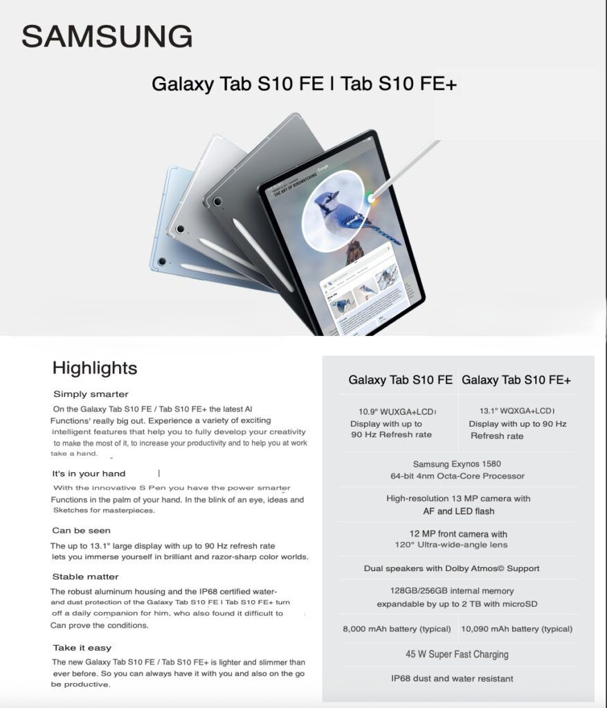 Samsung Galaxy tab S10 FE specifications